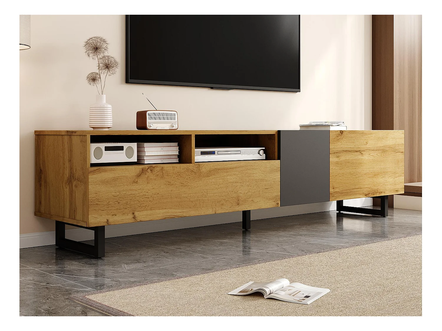 Meuble TV 170x36.5x42 cm - 3 portes - 2 compartiments de rangement - Pieds en métal en U - Aspect bois - Naturel