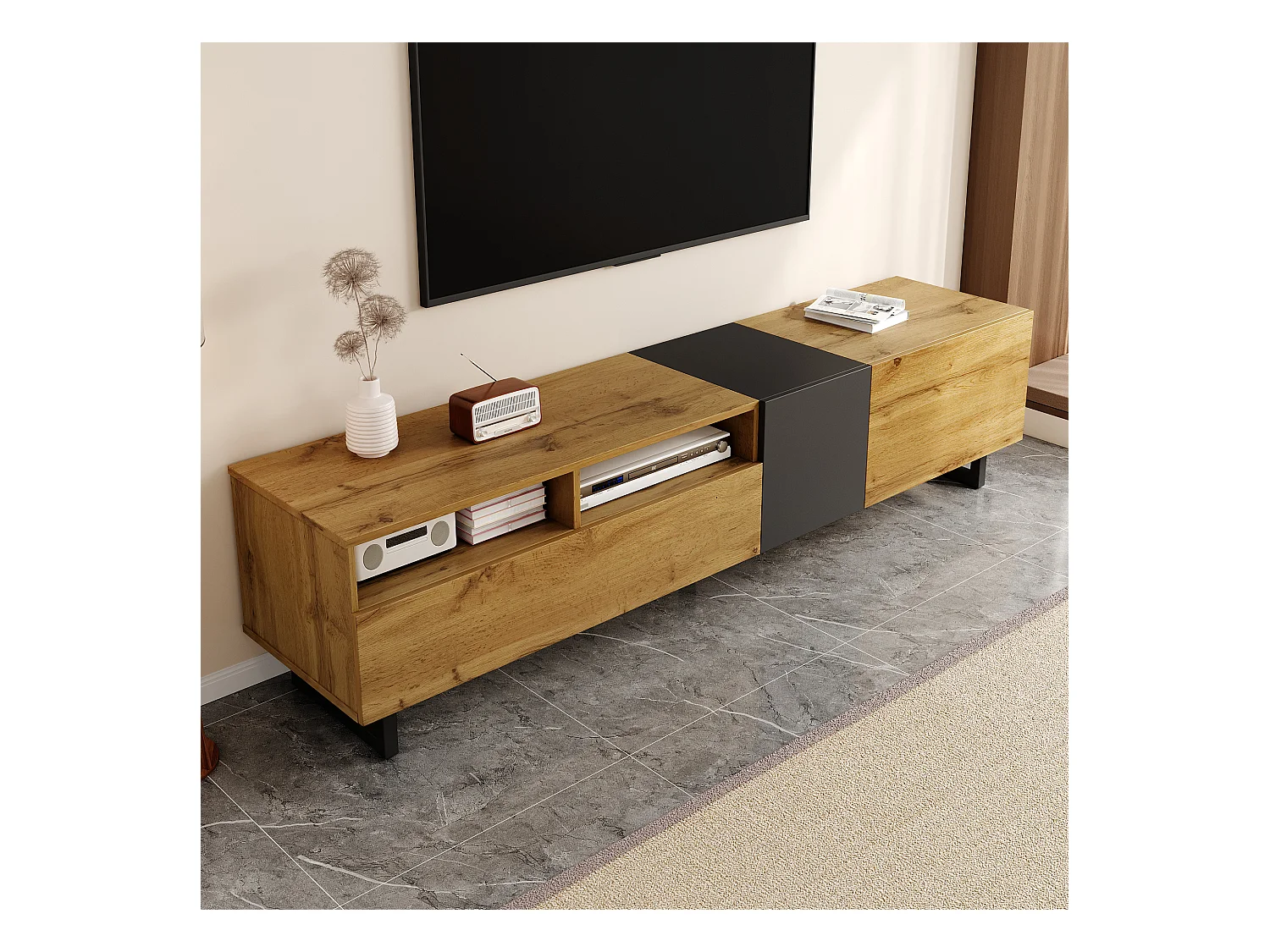 Meuble TV 170x36.5x42 cm - 3 portes - 2 compartiments de rangement - Pieds en métal en U - Aspect bois - Naturel