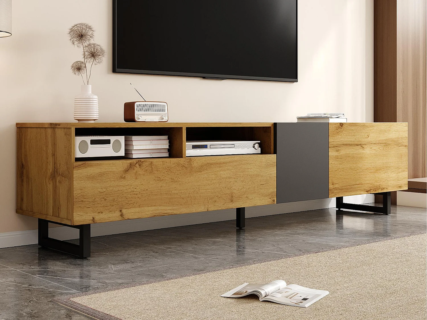 Meuble TV 170x36.5x42 cm - 3 portes - 2 compartiments de rangement - Pieds en métal en U - Aspect bois - Naturel