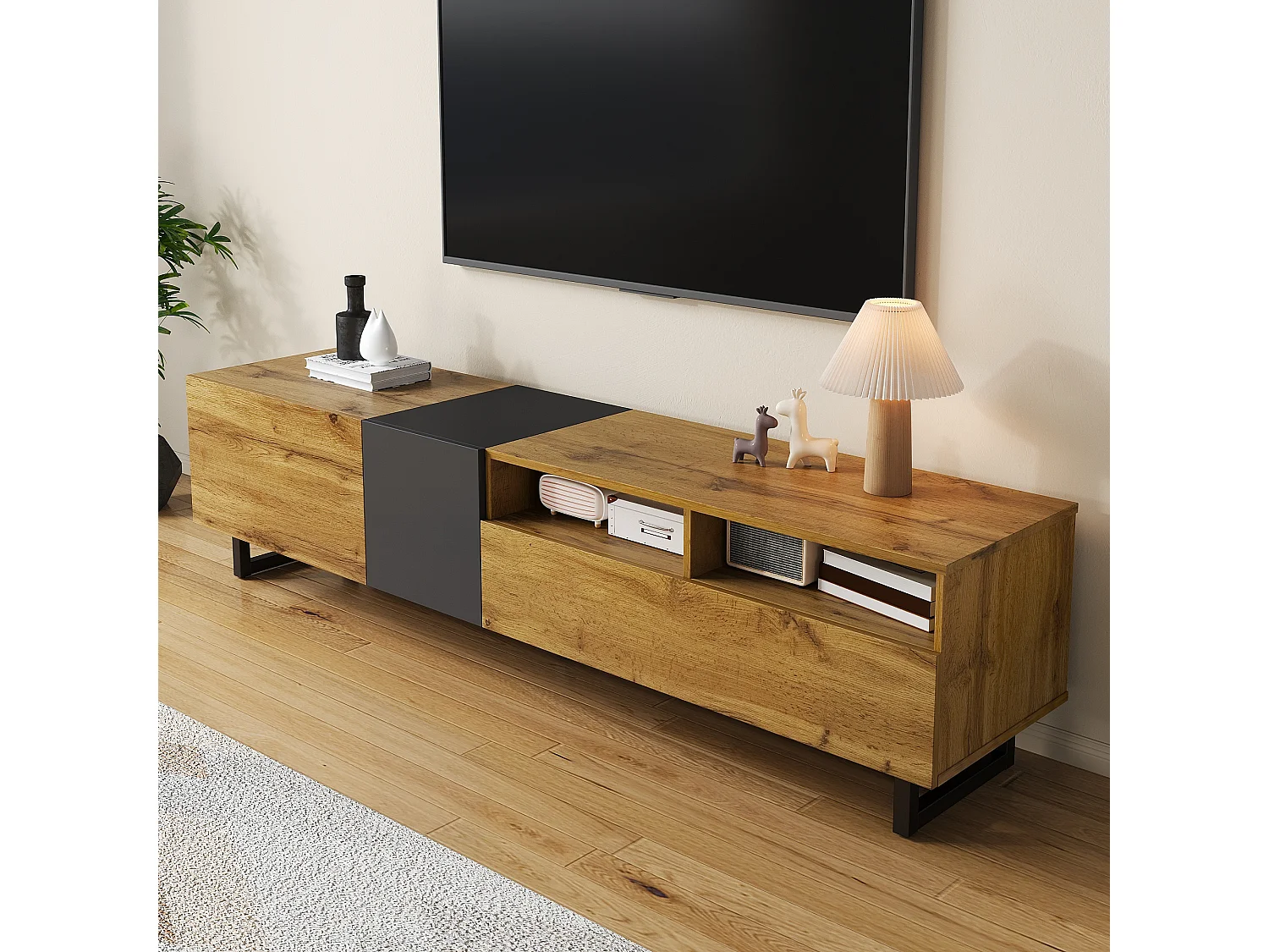 Meuble TV 170x36.5x42 cm - 3 portes - 2 compartiments de rangement - Pieds en métal en U - Aspect bois - Naturel