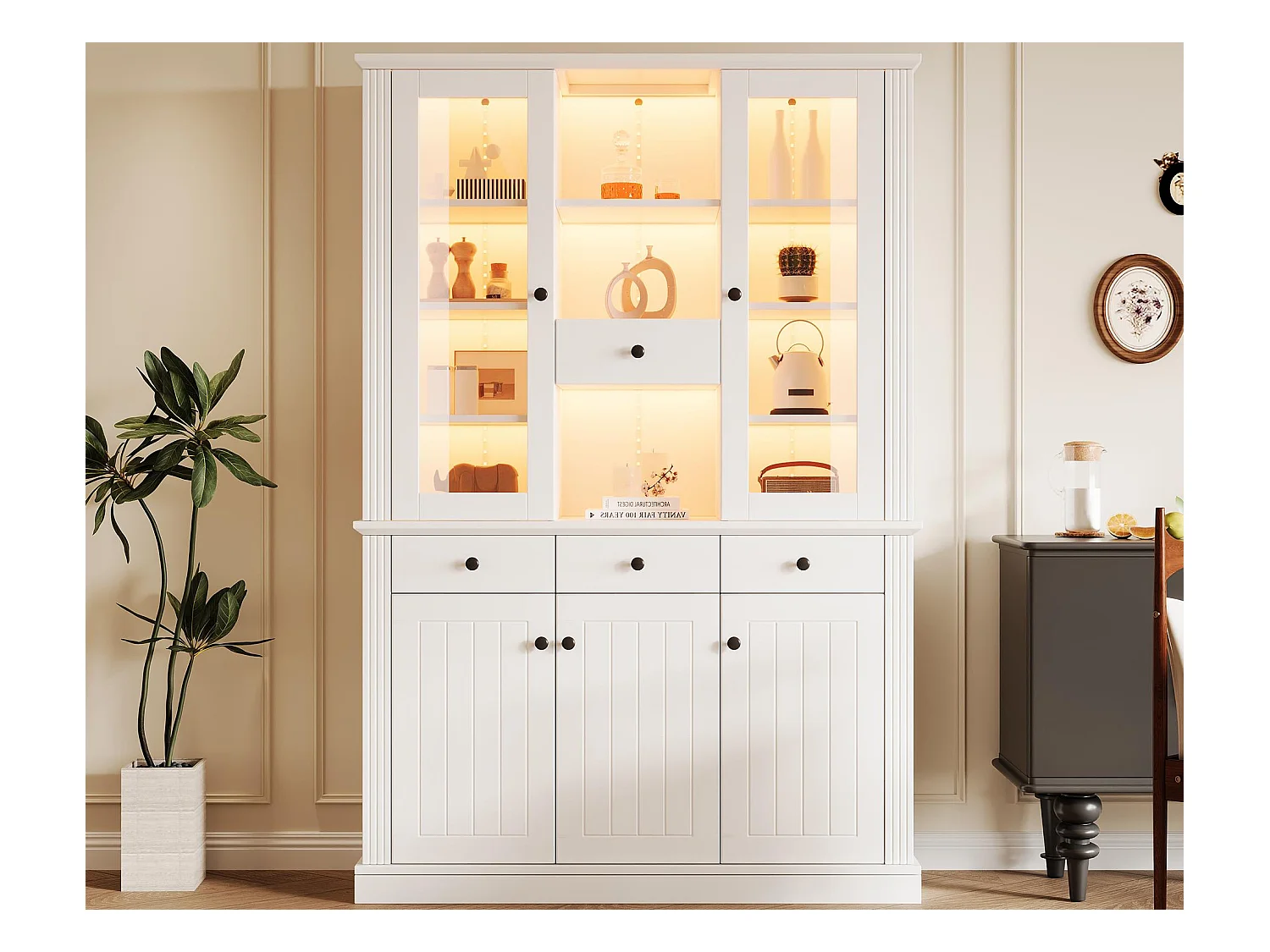 Vitrine 119.5x40x180 cm - avec 4 tiroirs et 5 portes - avec éclairage LED - 21 compartiments de rangement - MDF - Blanc