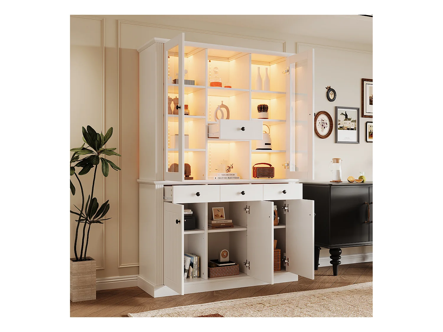 Vitrine 119.5x40x180 cm - avec 4 tiroirs et 5 portes - avec éclairage LED - 21 compartiments de rangement - MDF - Blanc