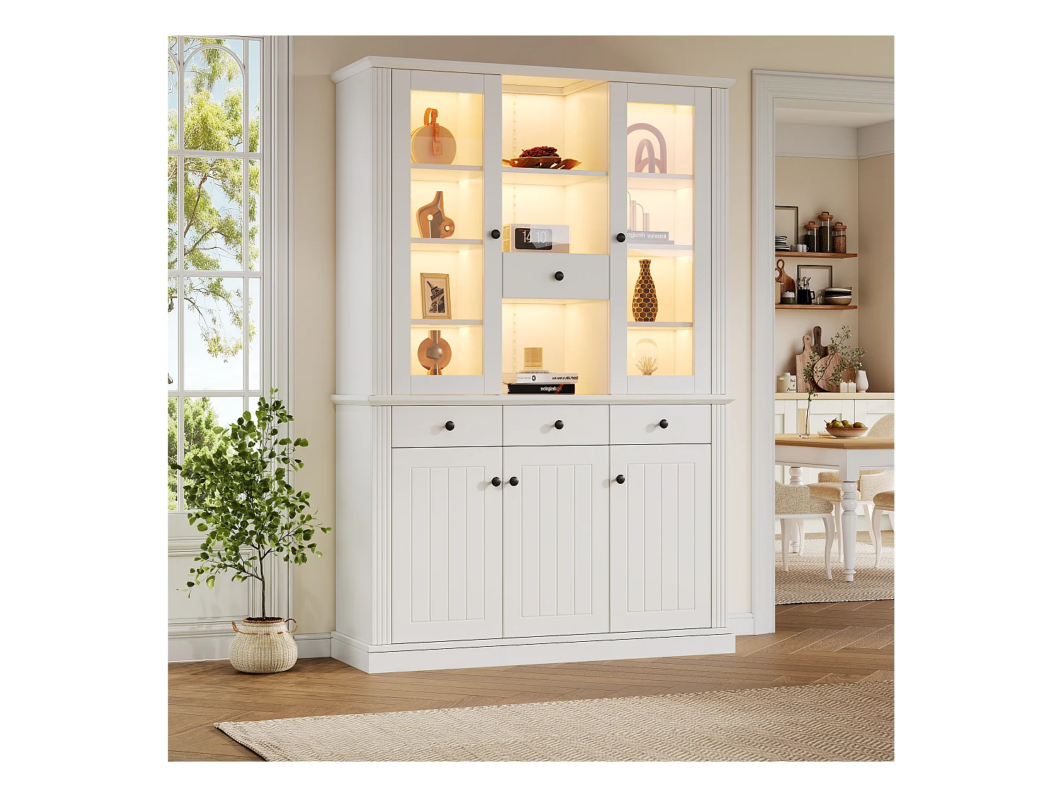Vitrine 119.5x40x180 cm - avec 4 tiroirs et 5 portes - avec éclairage LED - 21 compartiments de rangement - MDF - Blanc
