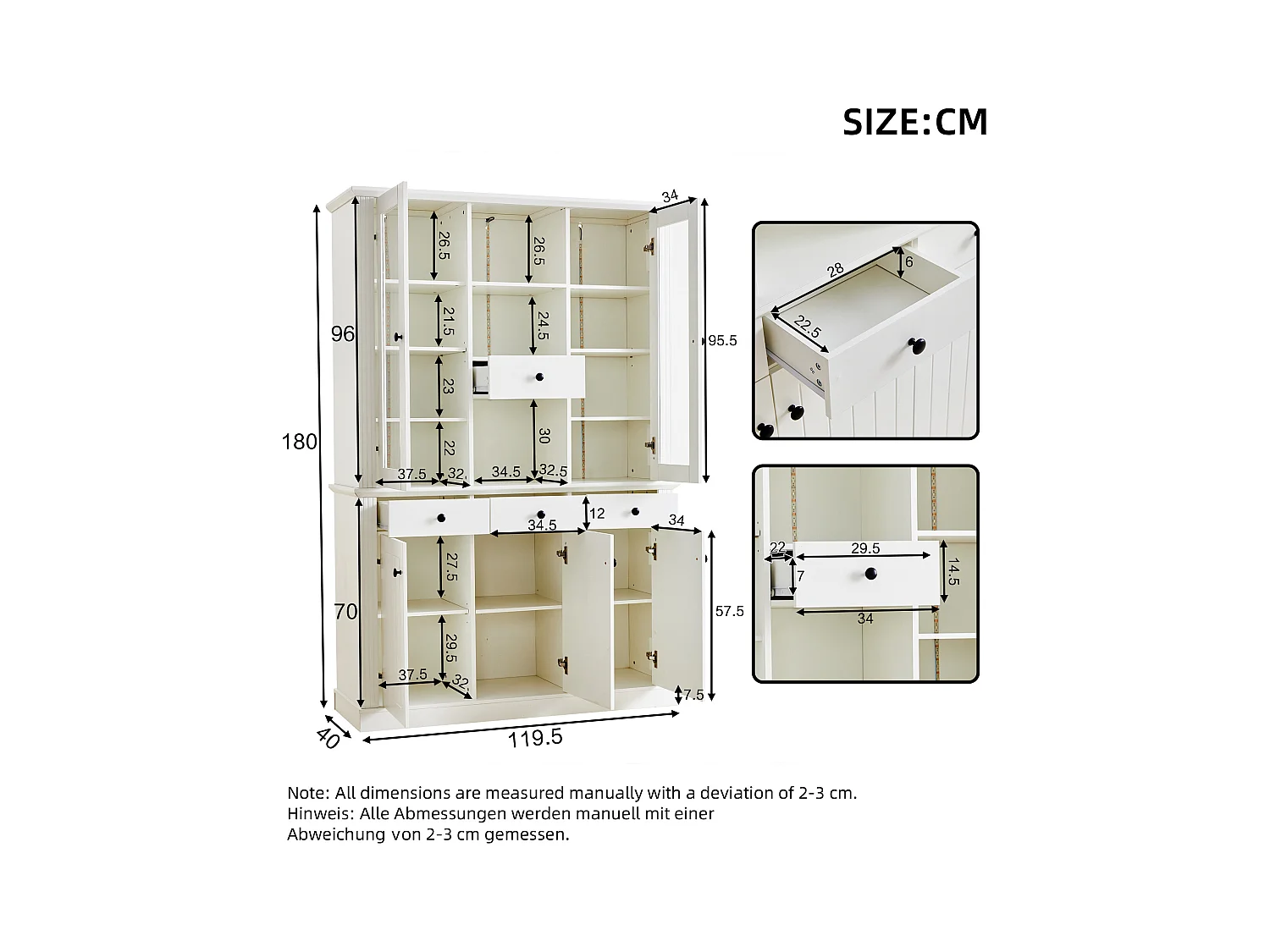Vitrine 119.5x40x180 cm - avec 4 tiroirs et 5 portes - avec éclairage LED - 21 compartiments de rangement - MDF - Blanc