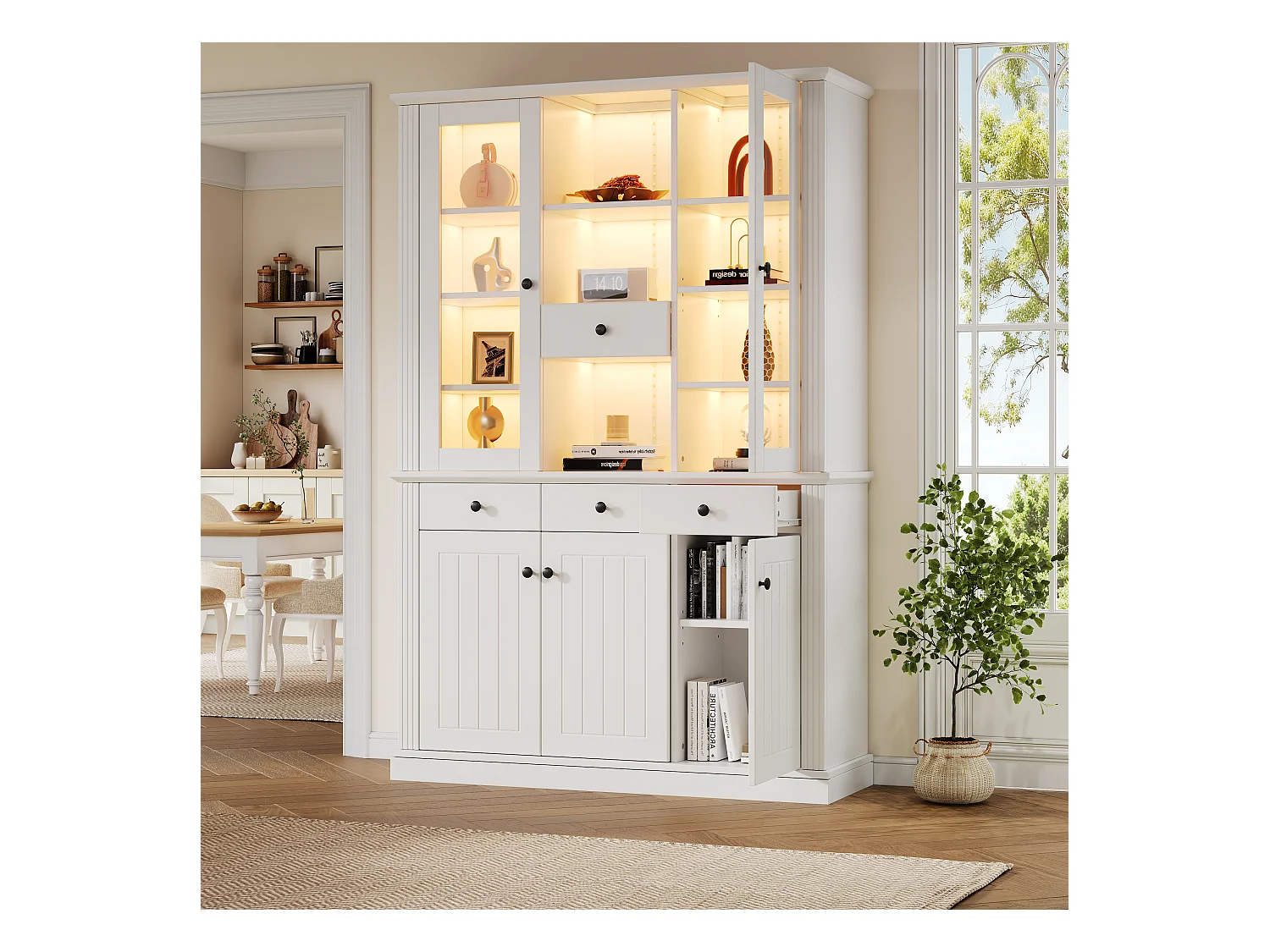 Vitrine 119.5x40x180 cm - avec 4 tiroirs et 5 portes - avec éclairage LED - 21 compartiments de rangement - MDF - Blanc