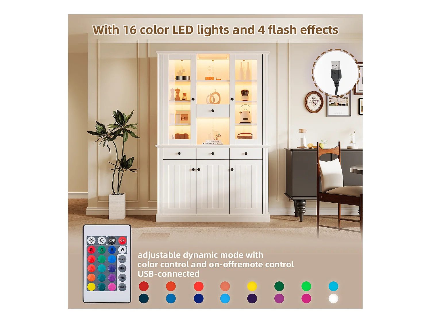 Vitrine 119.5x40x180 cm - avec 4 tiroirs et 5 portes - avec éclairage LED - 21 compartiments de rangement - MDF - Blanc