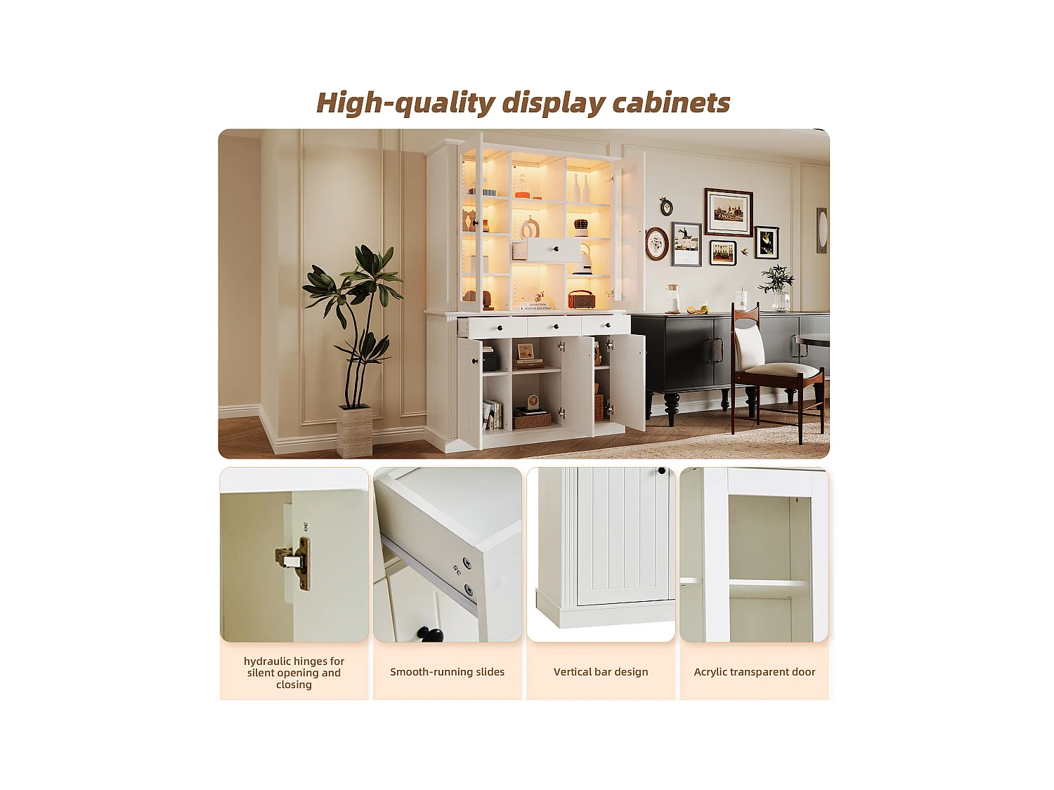 Vitrine 119.5x40x180 cm - avec 4 tiroirs et 5 portes - avec éclairage LED - 21 compartiments de rangement - MDF - Blanc