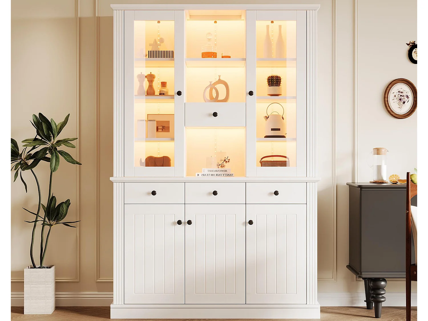 Witryna 119,5×40×180 cm - z 4 szufladami i 5 drzwiami - z oświetleniem LED - 21 przegródek przechowawczych - MDF - Biały