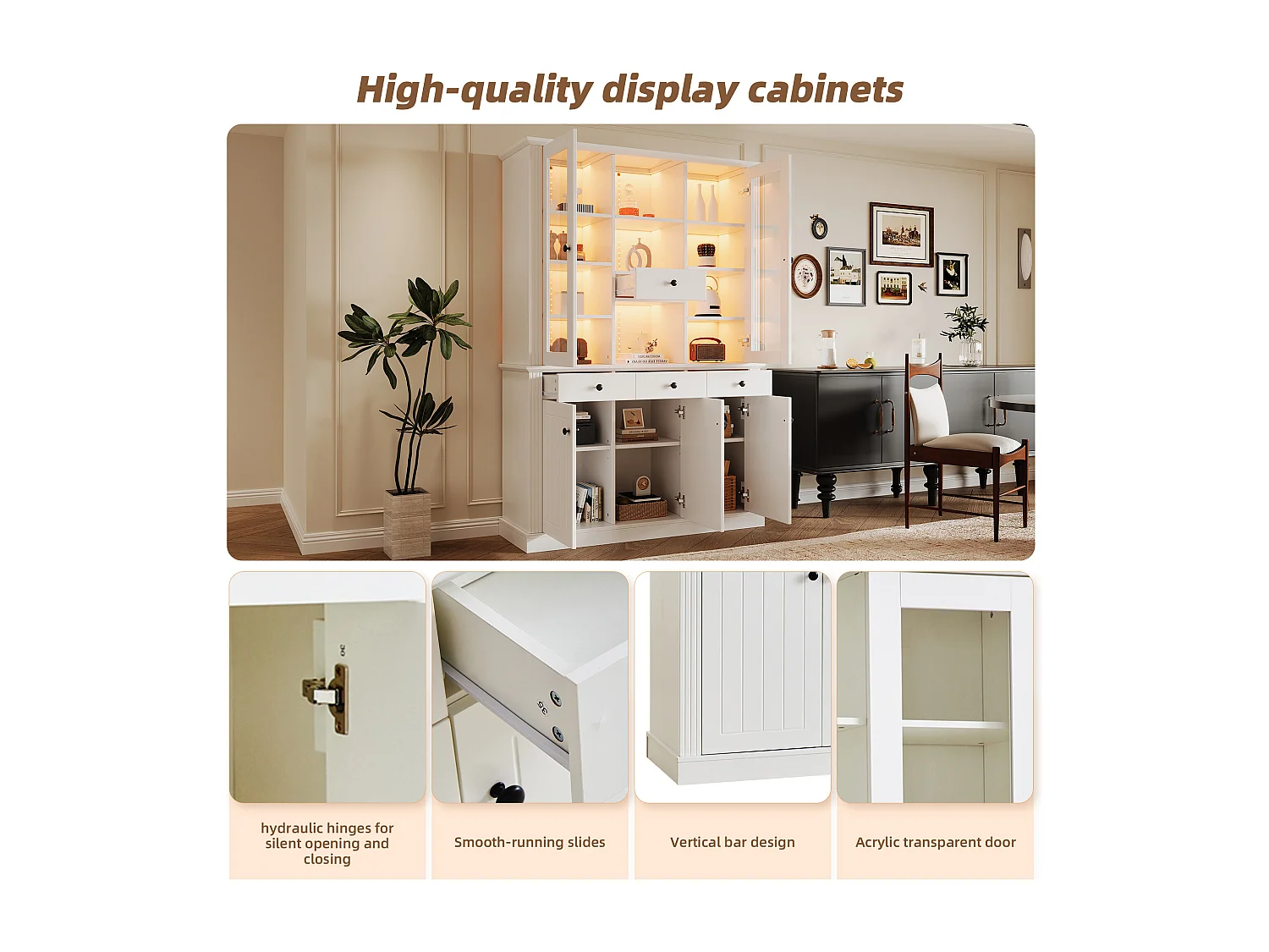 Witryna 119,5×40×180 cm - z 4 szufladami i 5 drzwiami - z oświetleniem LED - 21 przegródek przechowawczych - MDF - Biały