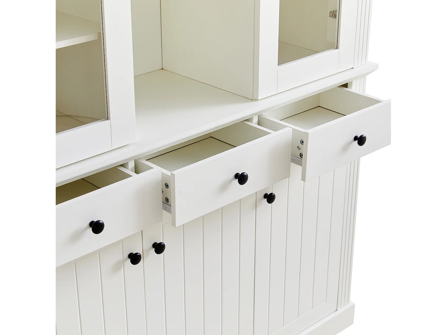 Witryna 119,5×40×180 cm - z 4 szufladami i 5 drzwiami - z oświetleniem LED - 21 przegródek przechowawczych - MDF - Biały