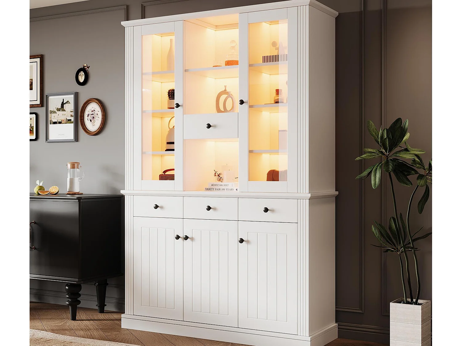 Vitrine 119,5×40×180 cm - mit 4 Schubladen und 5 Türen - mit LED-Beleuchtung - 21 Aufbewahrungsfächer - MDF - Weiß