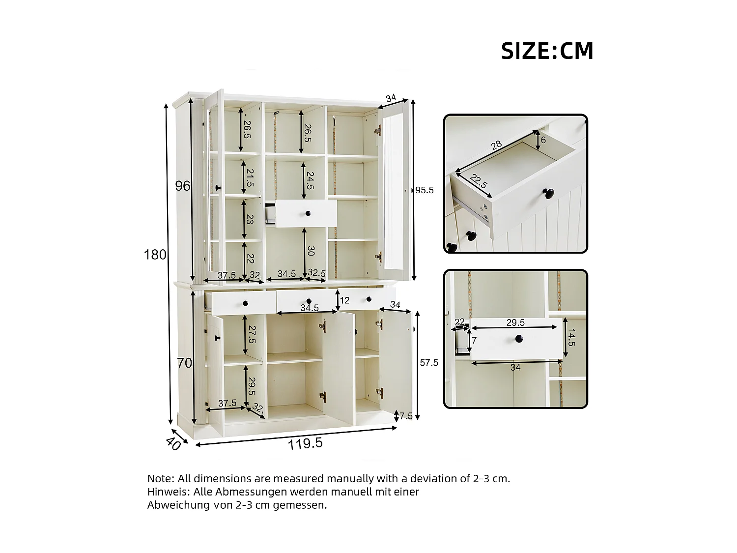 Vitrine 119,5×40×180 cm - mit 4 Schubladen und 5 Türen - mit LED-Beleuchtung - 21 Aufbewahrungsfächer - MDF - Weiß