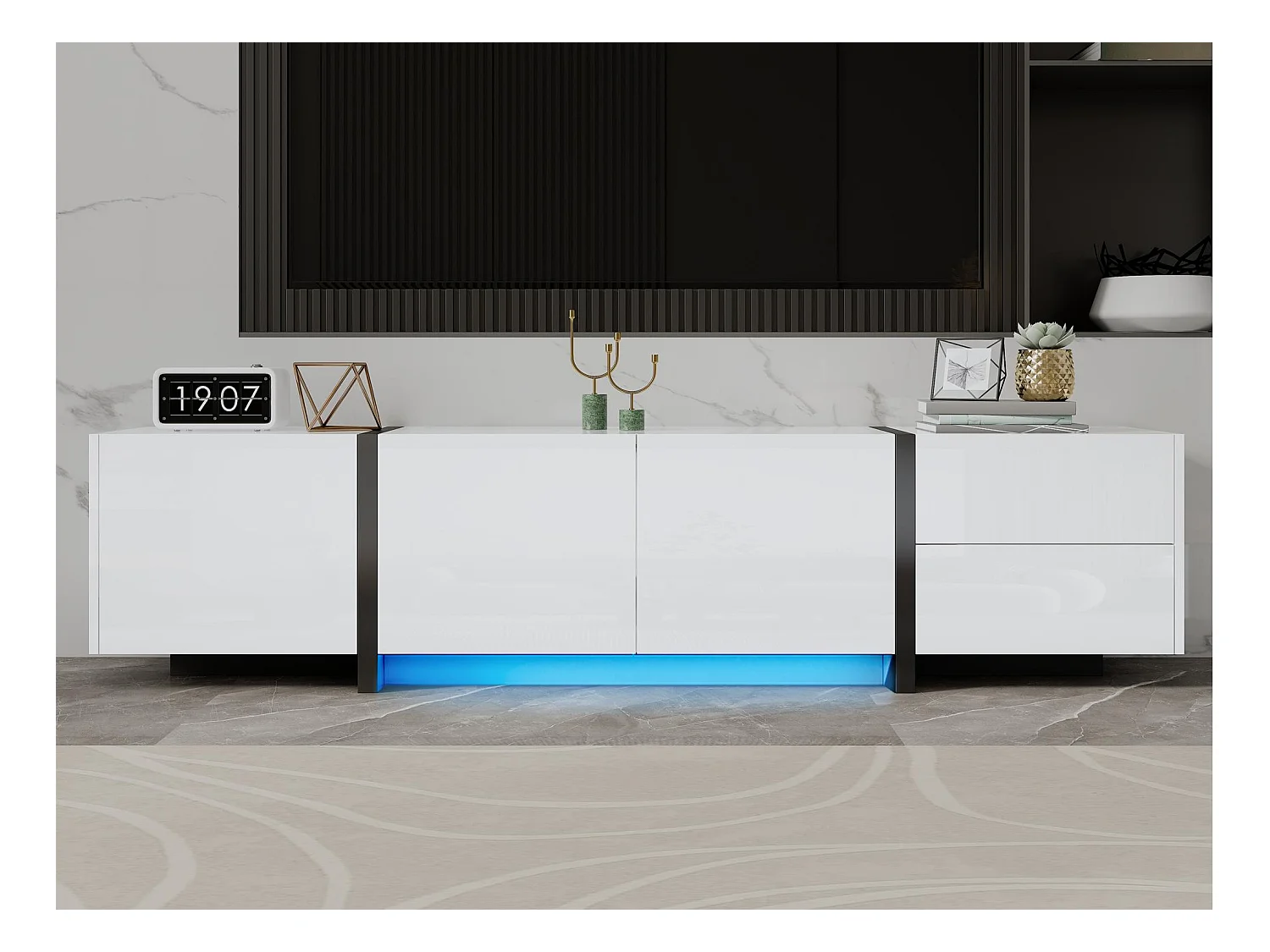 Meuble TV brillante 170x30x39 cm - avec lumière LED - 3 portes et 1 tiroir - Panneaux de particules - Blanc