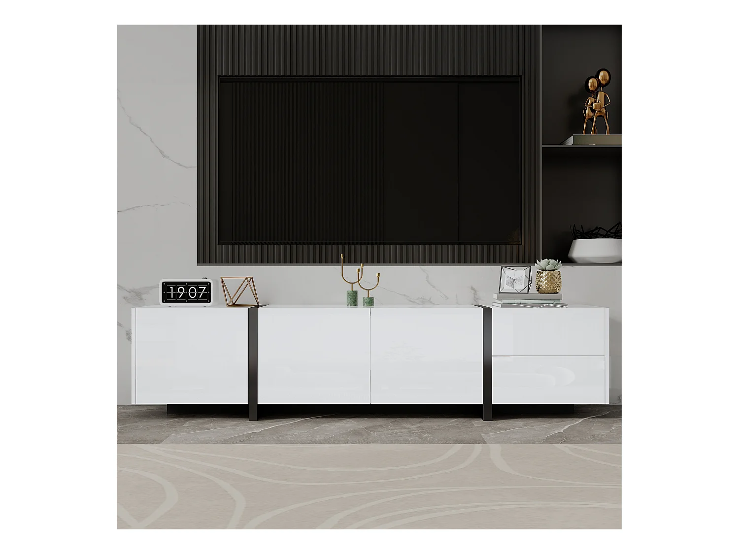 Meuble TV brillante 170x30x39 cm - avec lumière LED - 3 portes et 1 tiroir - Panneaux de particules - Blanc