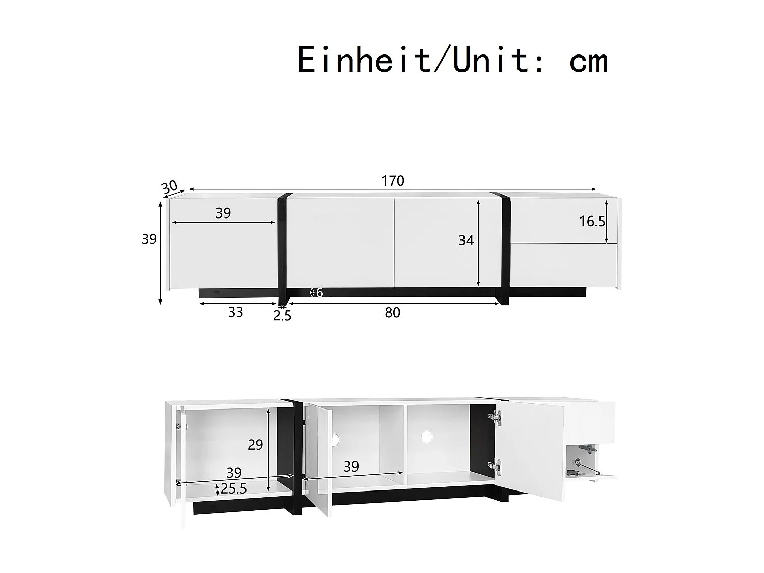 Meuble TV brillante 170x30x39 cm - avec lumière LED - 3 portes et 1 tiroir - Panneaux de particules - Blanc