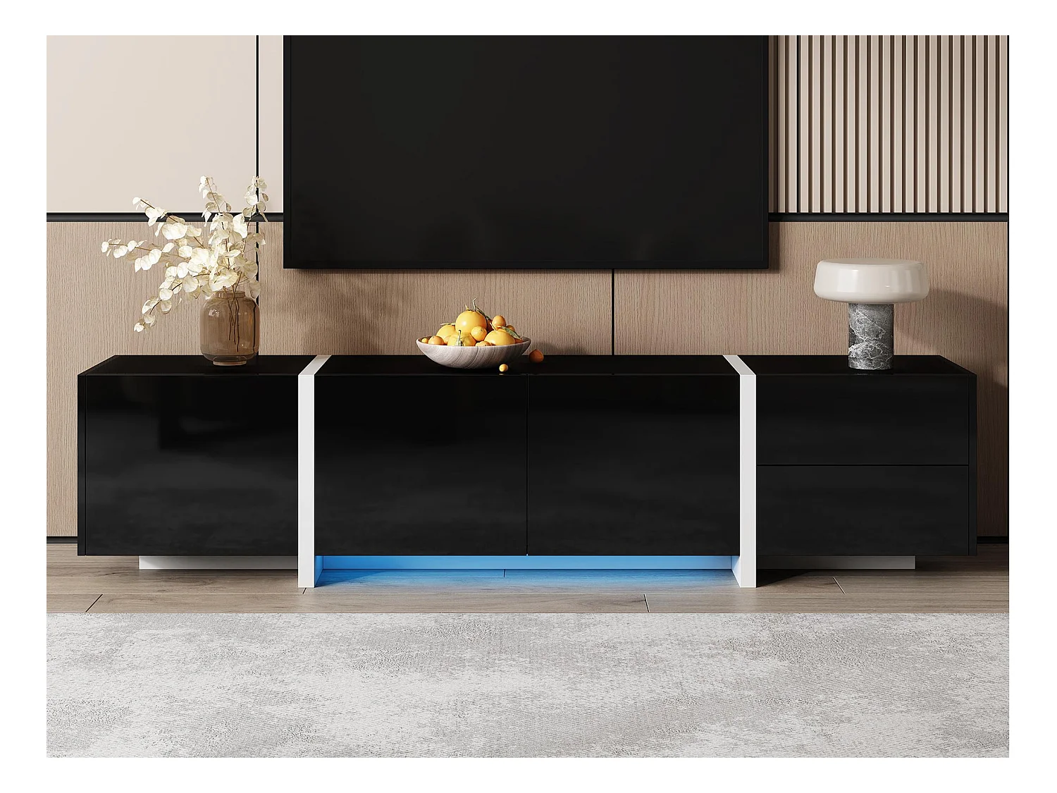 Meuble TV brillante 170x30x39 cm - avec lumière LED - 3 portes et 1 tiroir - Panneaux de particules - Noir