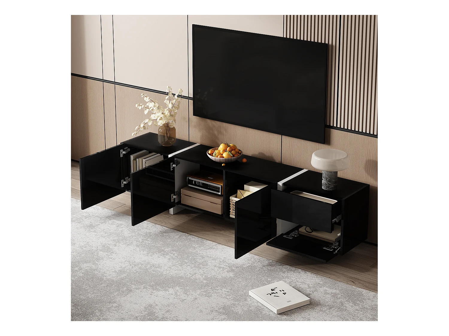 Meuble TV brillante 170x30x39 cm - avec lumière LED - 3 portes et 1 tiroir - Panneaux de particules - Noir