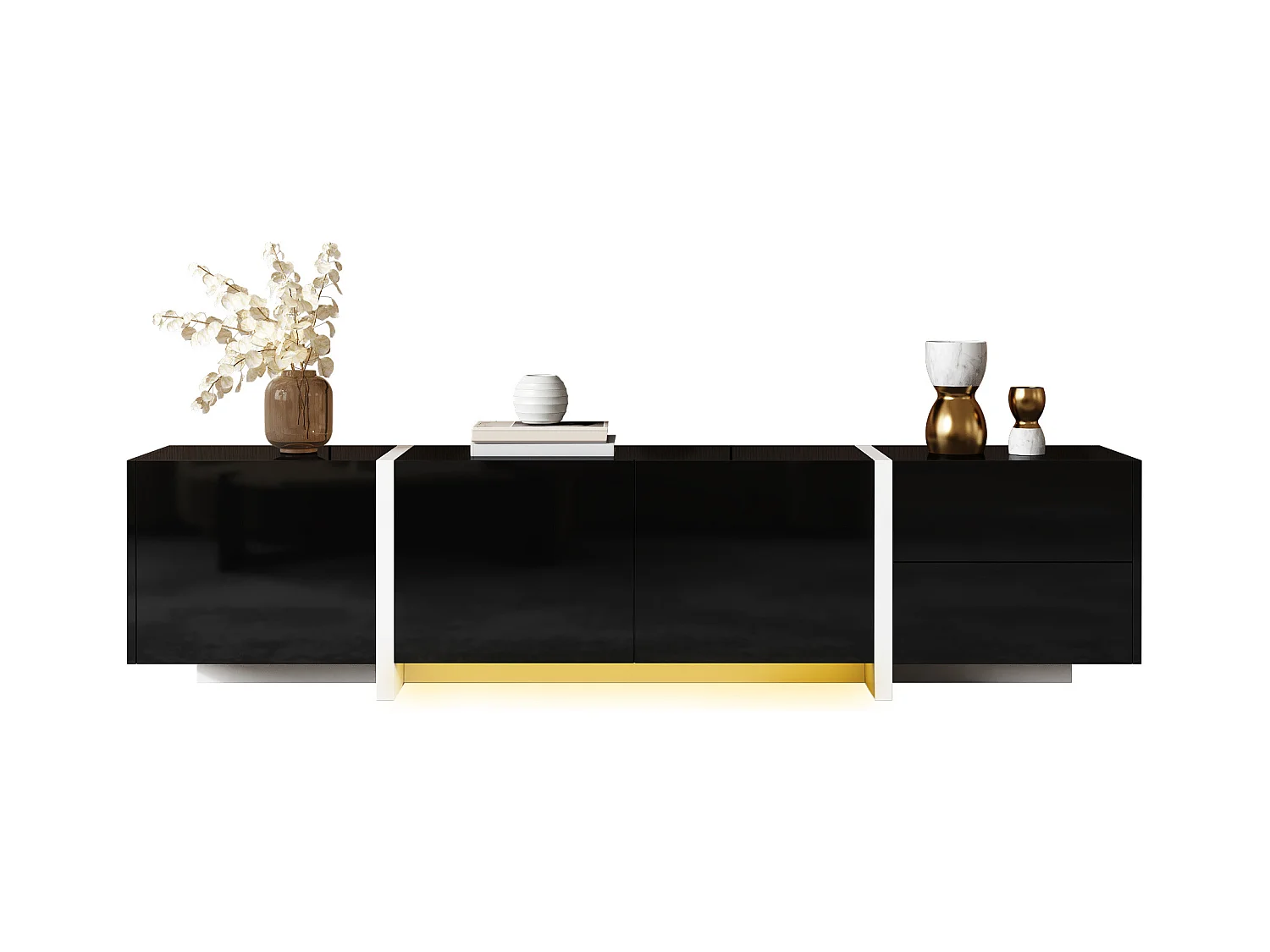 Meuble TV brillante 170x30x39 cm - avec lumière LED - 3 portes et 1 tiroir - Panneaux de particules - Noir