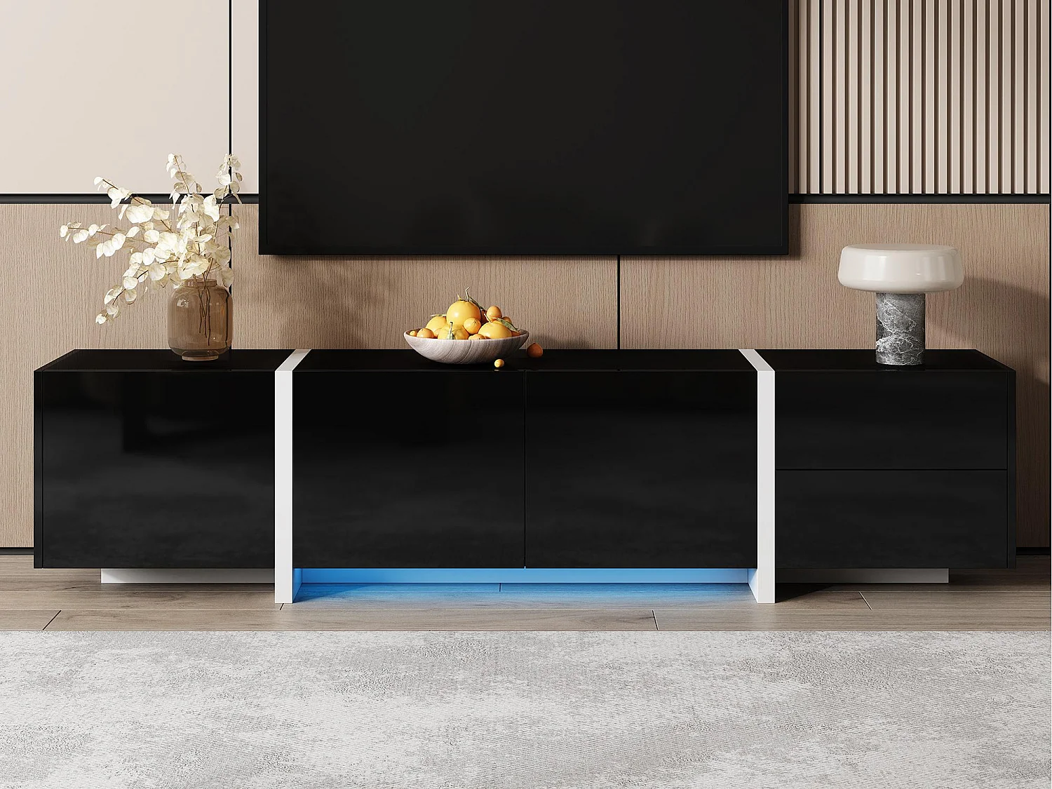 Meuble TV brillante 170x30x39 cm - avec lumière LED - 3 portes et 1 tiroir - Panneaux de particules - Noir