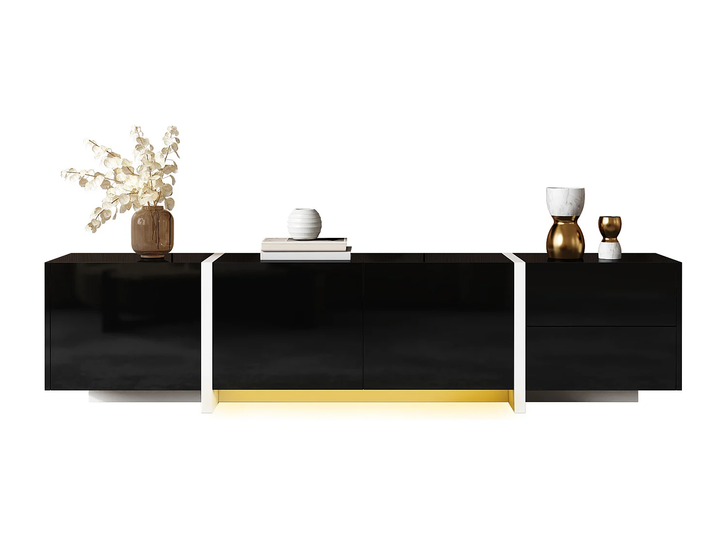 Meuble TV brillante 170x30x39 cm - avec lumière LED - 3 portes et 1 tiroir - Panneaux de particules - Noir