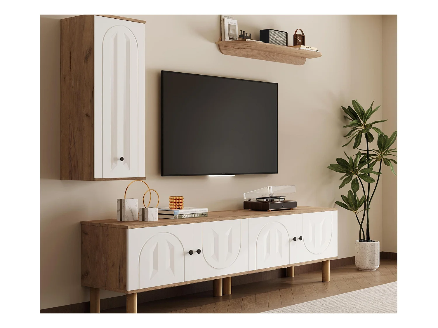 Ensemble meuble TV mural 3 pièces - Meuble TV, vitrine et étagère - 5 portes - Pieds en bois massif - Blanc + naturel