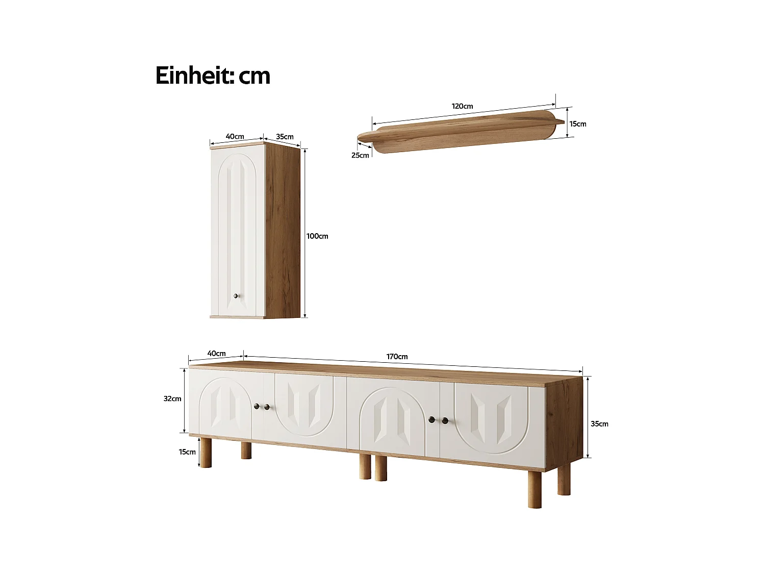 Ensemble meuble TV mural 3 pièces - Meuble TV, vitrine et étagère - 5 portes - Pieds en bois massif - Blanc + naturel