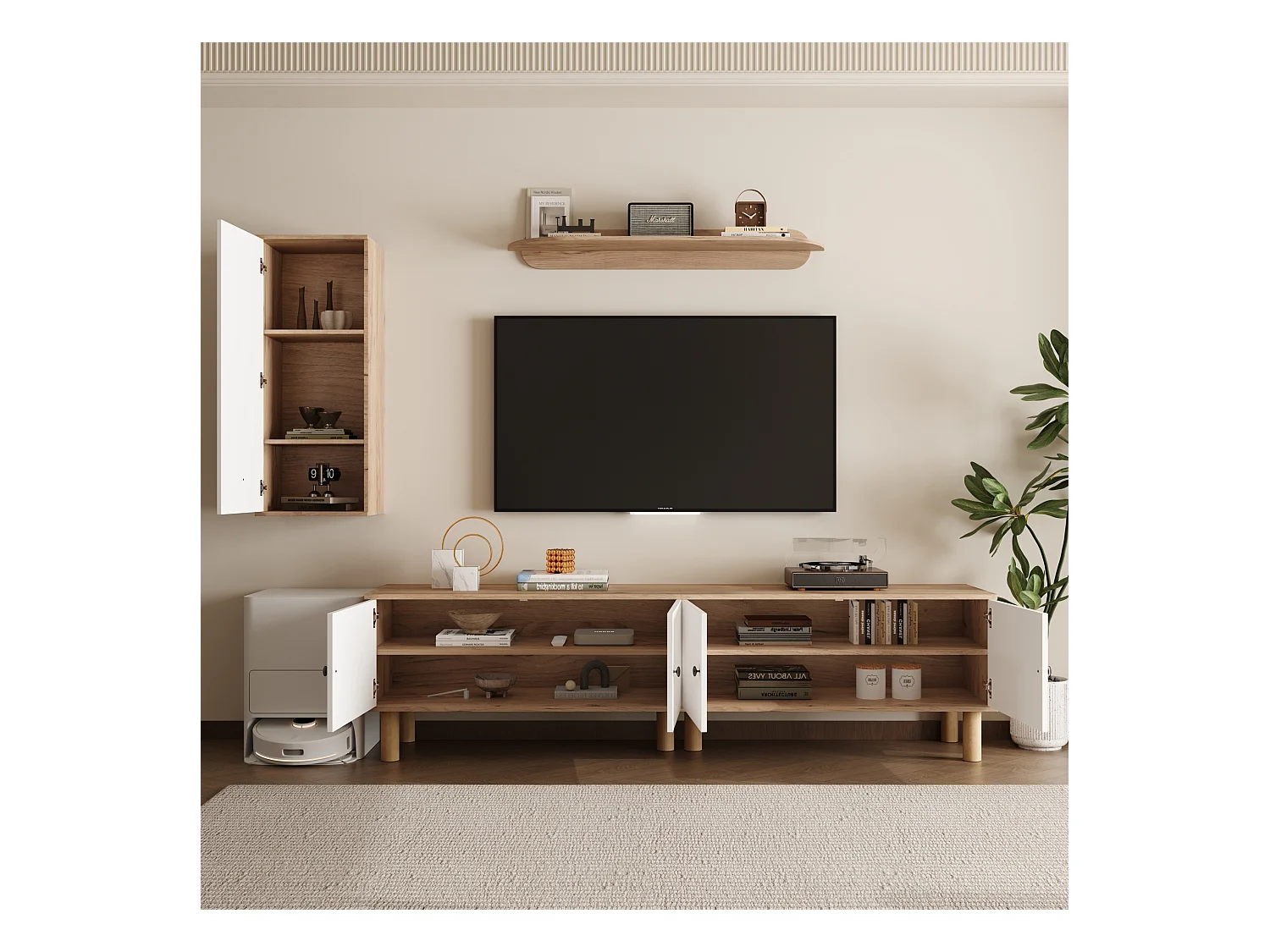 Ensemble meuble TV mural 3 pièces - Meuble TV, vitrine et étagère - 5 portes - Pieds en bois massif - Blanc + naturel