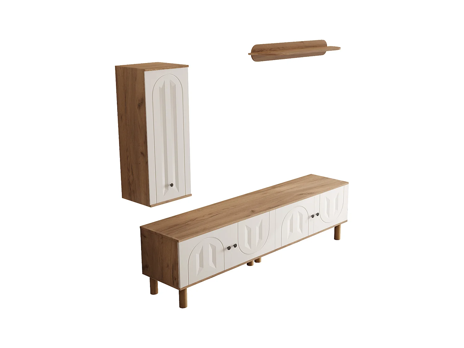 Ensemble meuble TV mural 3 pièces - Meuble TV, vitrine et étagère - 5 portes - Pieds en bois massif - Blanc + naturel