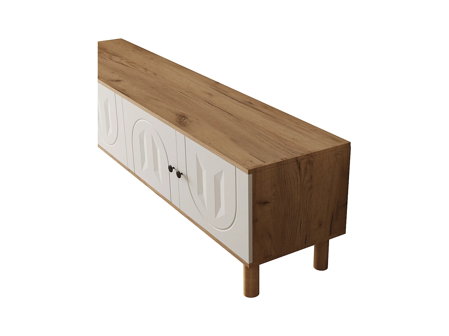 Ensemble meuble TV mural 3 pièces - Meuble TV, vitrine et étagère - 5 portes - Pieds en bois massif - Blanc + naturel