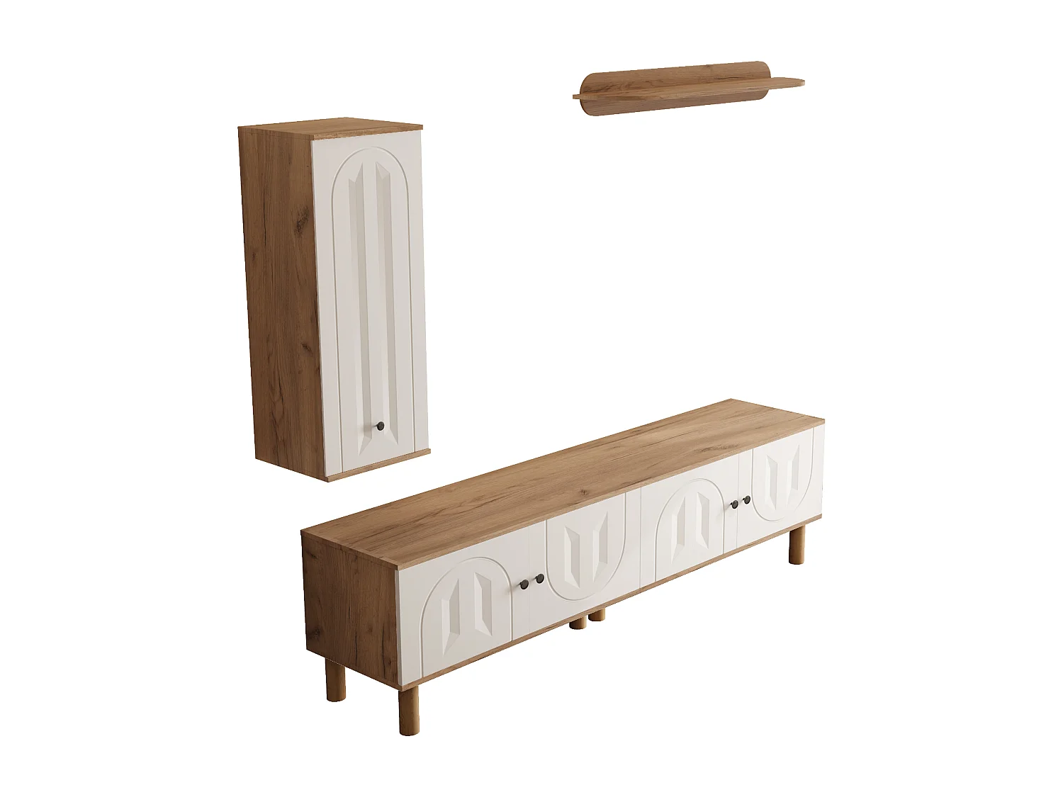 Ensemble meuble TV mural 3 pièces - Meuble TV, vitrine et étagère - 5 portes - Pieds en bois massif - Blanc + naturel