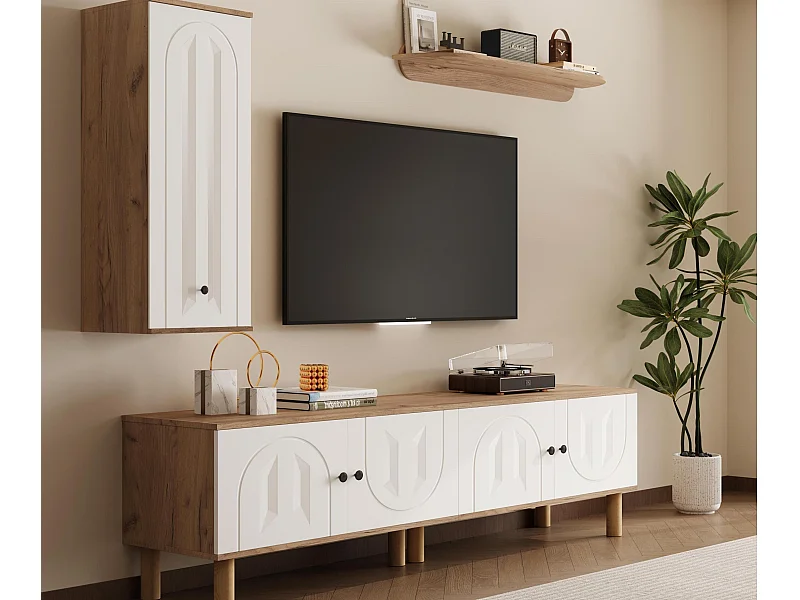 Ensemble meuble TV mural 3 pièces - Meuble TV, vitrine et étagère - 5 portes - Pieds en bois massif - Blanc + naturel