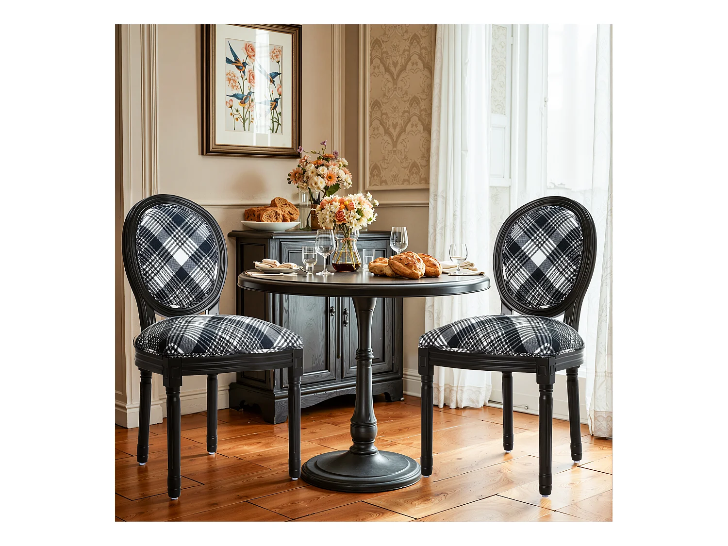 Paar vaste eetkamerstoelen: zwart frame, zwart-wit geruite stof - 56×50×94,5 cm - Hedendaagse stijl