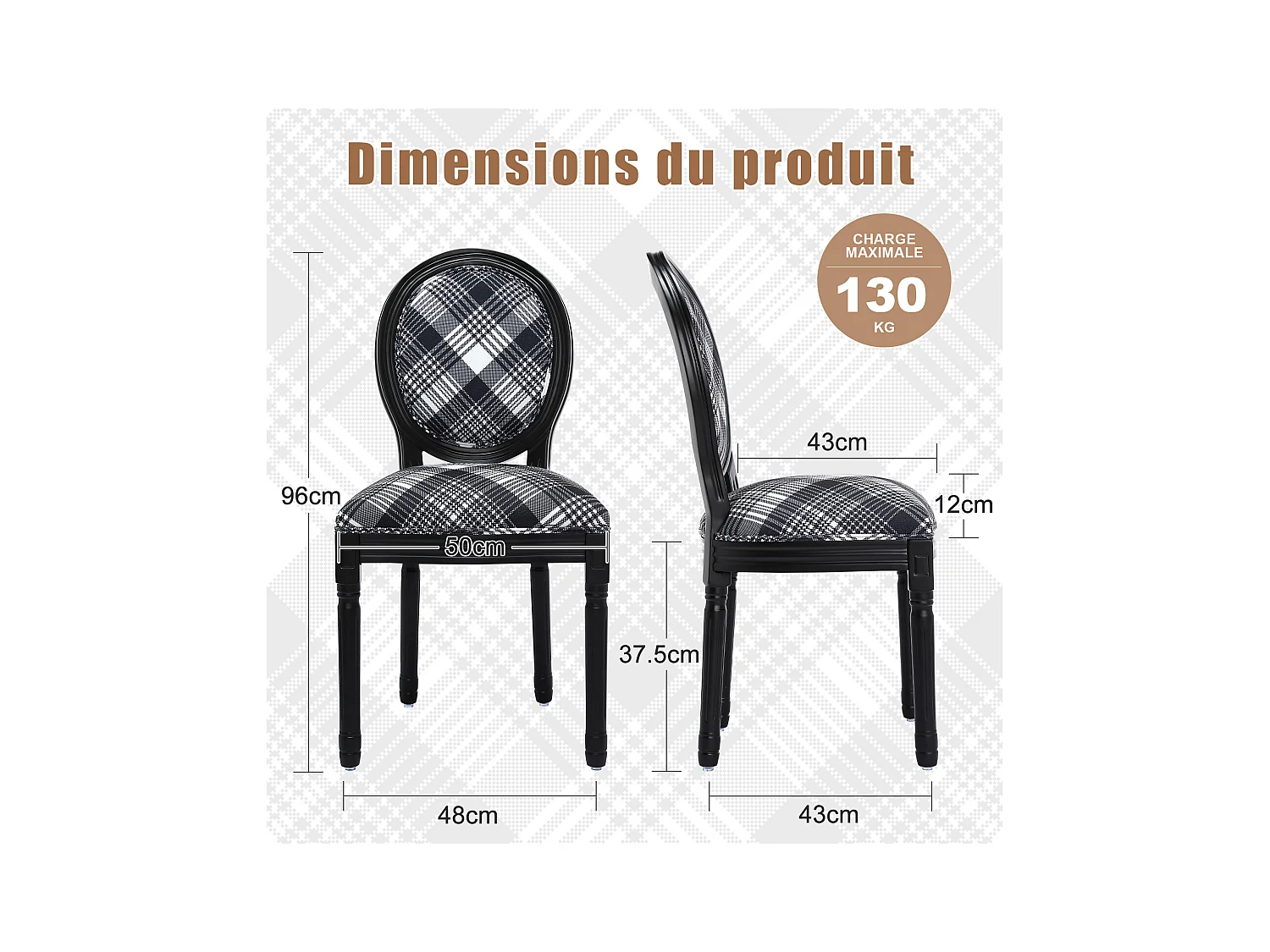 Paar vaste eetkamerstoelen: zwart frame, zwart-wit geruite stof - 56×50×94,5 cm - Hedendaagse stijl