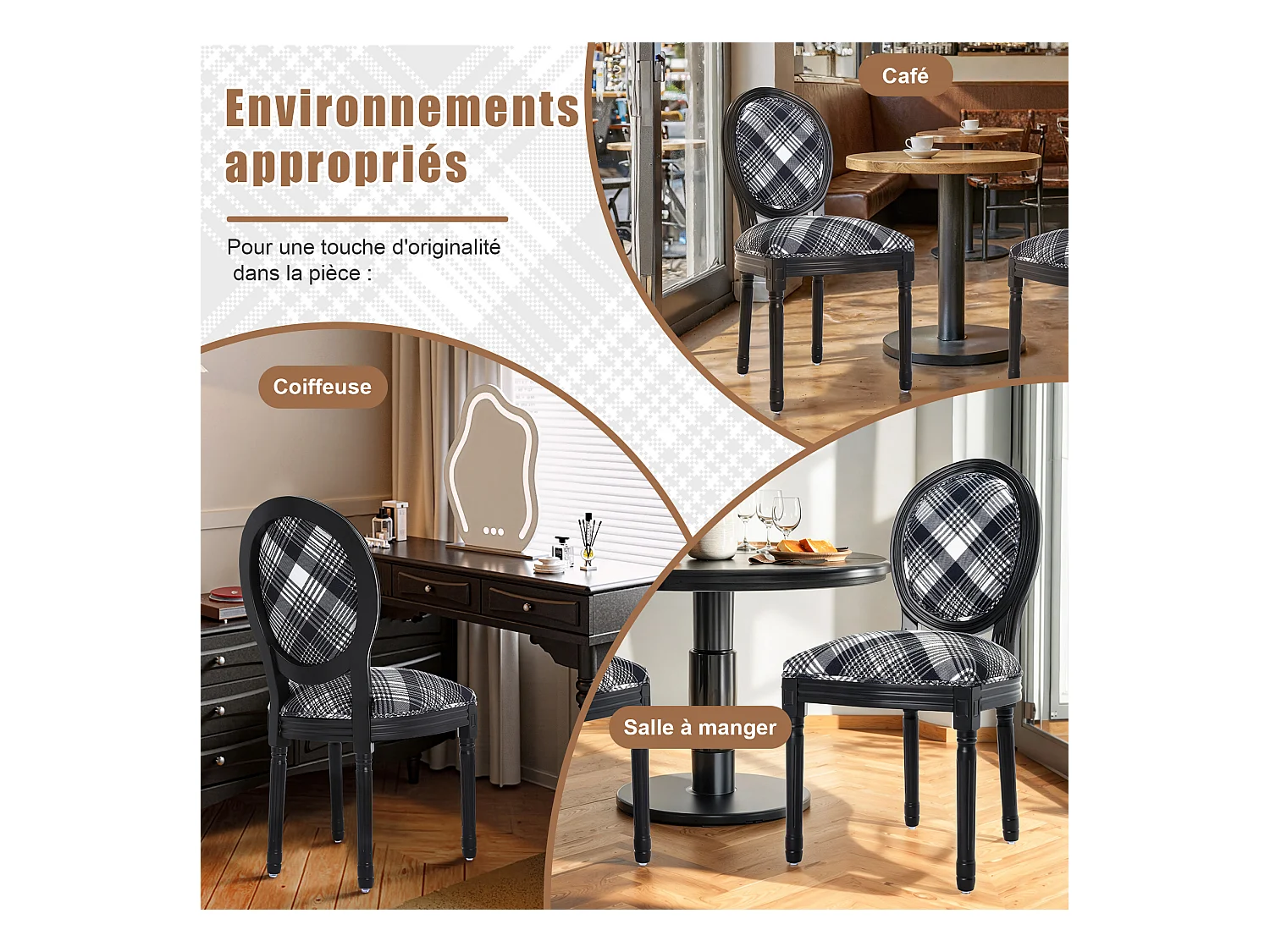 Paar vaste eetkamerstoelen: zwart frame, zwart-wit geruite stof - 56×50×94,5 cm - Hedendaagse stijl