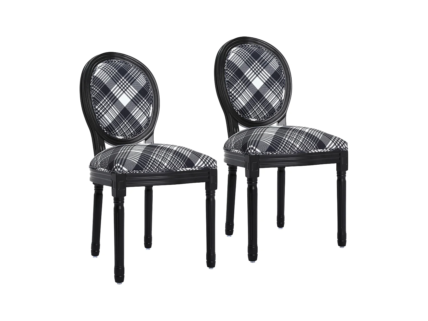 Lot de 2 chaises de salle à manger - Style Louis XVI à médaillon, en bois massif sculpté et patiné - Motif vichy noir et blanc - Élégance rétro