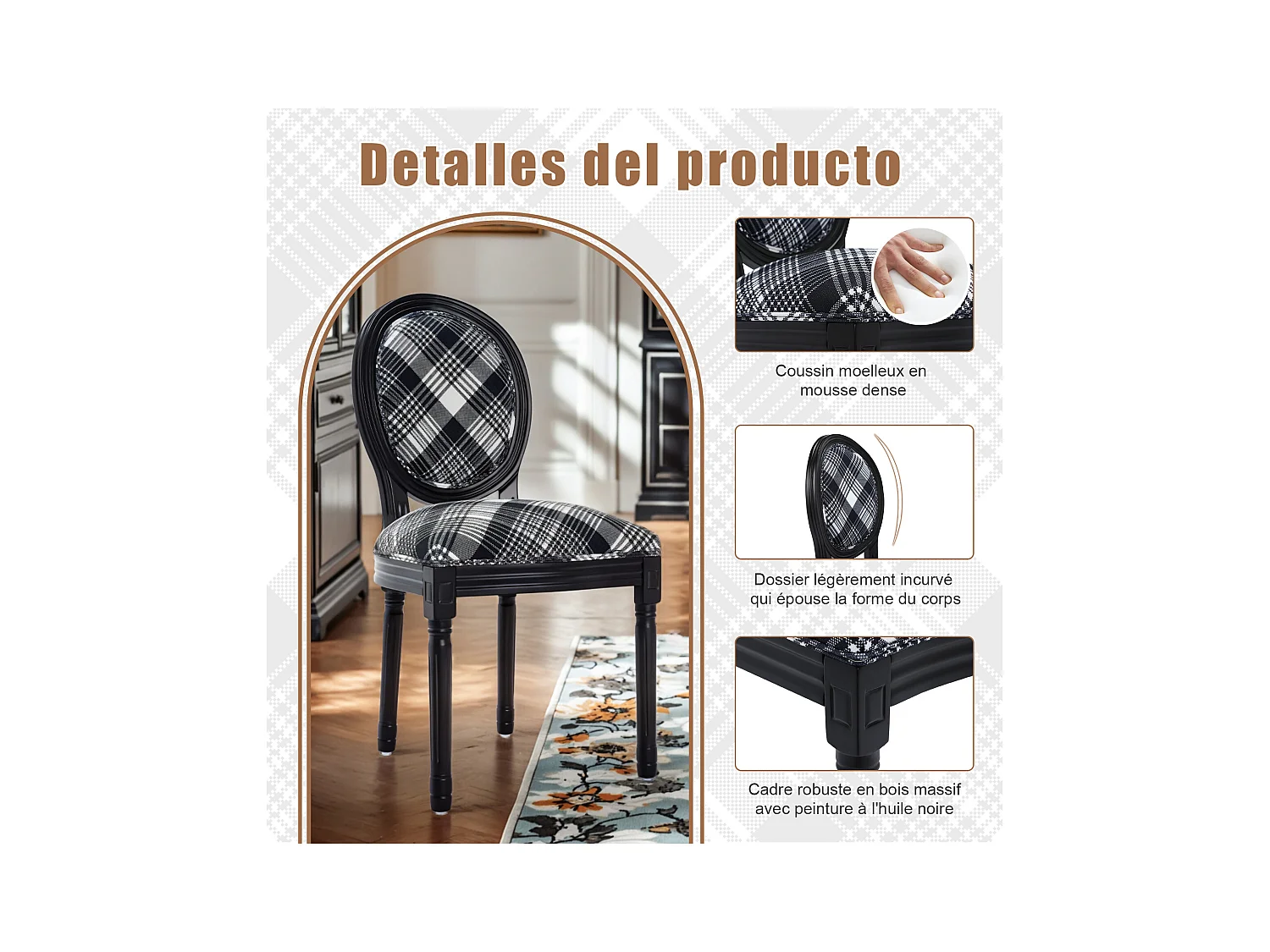 Lot de 2 chaises de salle à manger - Style Louis XVI à médaillon, en bois massif sculpté et patiné - Motif vichy noir et blanc - Élégance rétro