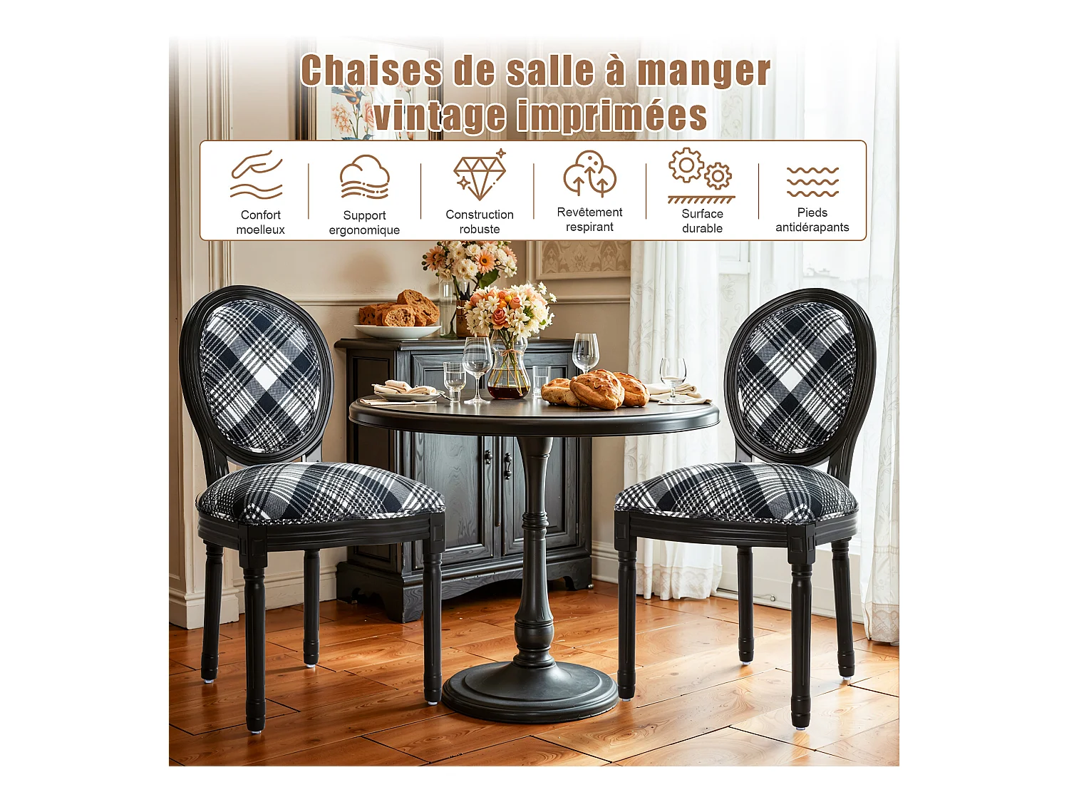 Lot de 2 chaises de salle à manger - Style Louis XVI à médaillon, en bois massif sculpté et patiné - Motif vichy noir et blanc - Élégance rétro