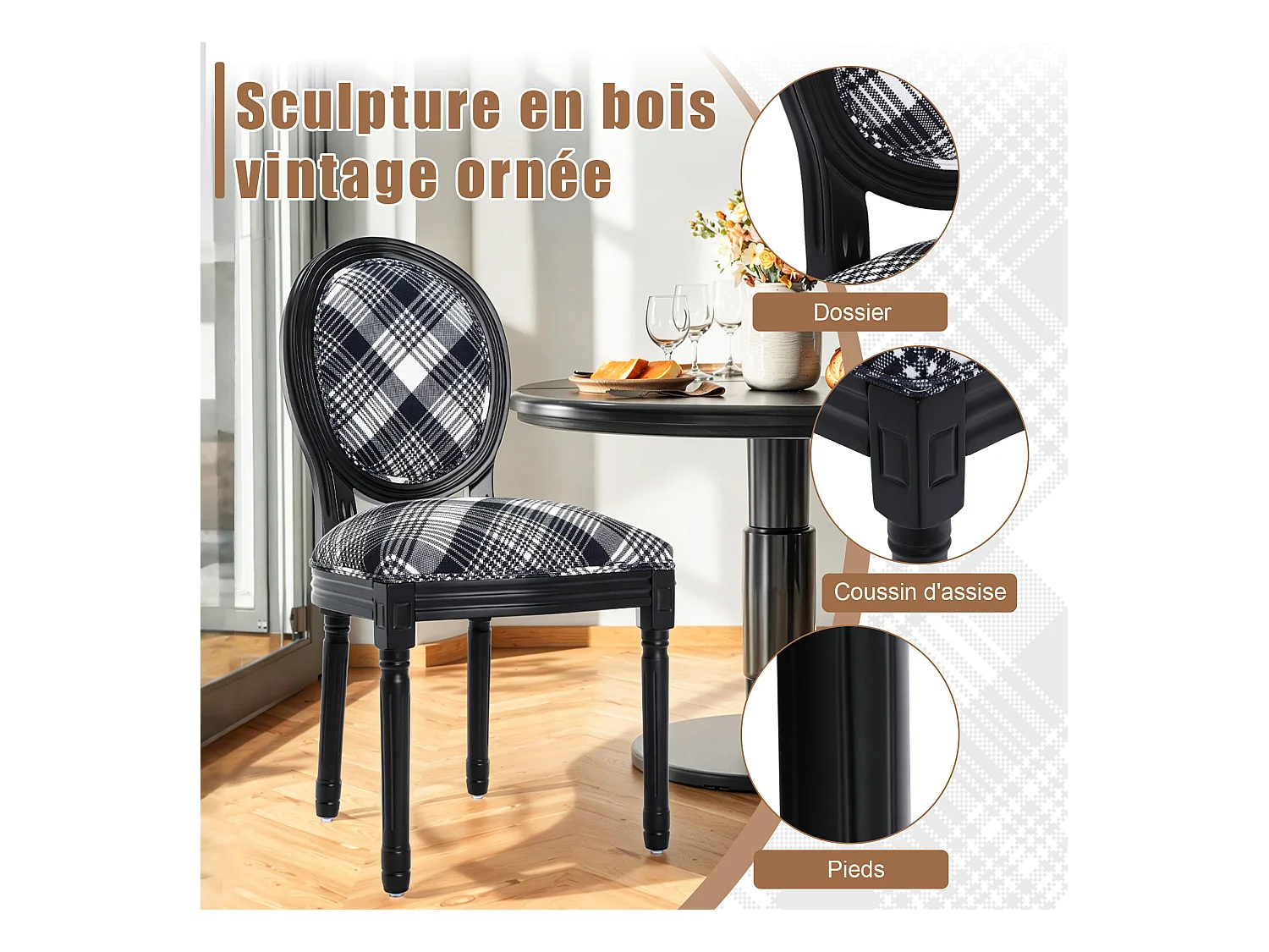 Lot de 2 chaises de salle à manger - Style Louis XVI à médaillon, en bois massif sculpté et patiné - Motif vichy noir et blanc - Élégance rétro