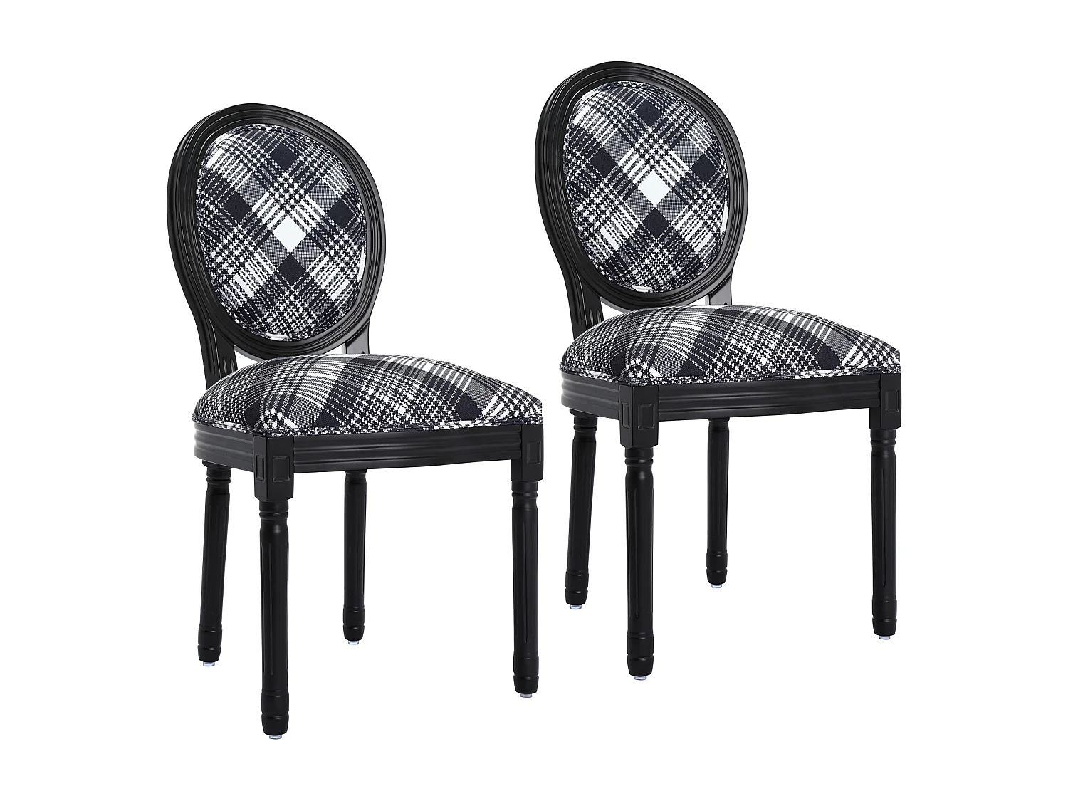 Lot de 2 chaises de salle à manger - Style Louis XVI à médaillon, en bois massif sculpté et patiné - Motif vichy noir et blanc - Élégance rétro