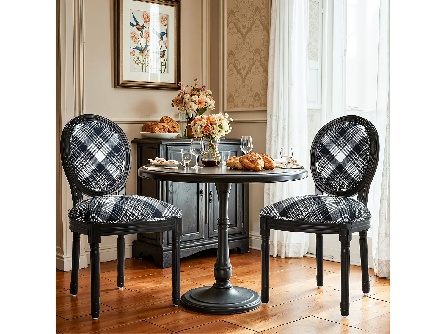 Lot de 2 chaises de salle à manger - Style Louis XVI à médaillon, en bois massif sculpté et patiné - Motif vichy noir et blanc - Élégance rétro