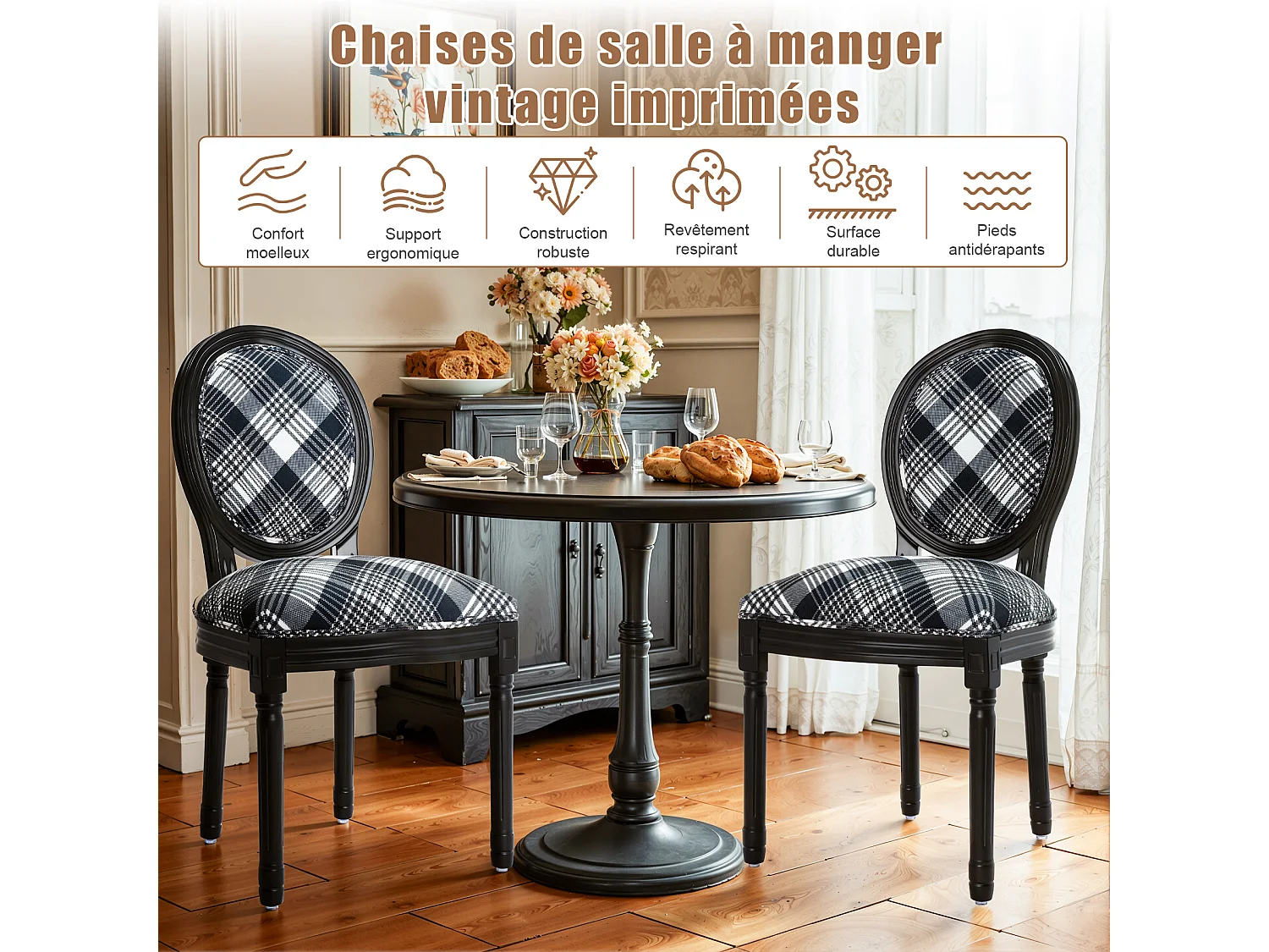 Lot de 2 chaises de salle à manger - Style Louis XVI à médaillon, en bois massif sculpté et patiné - Motif vichy noir et blanc - Élégance rétro