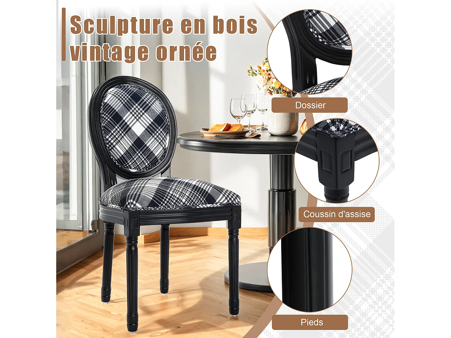 Lot de 2 chaises de salle à manger - Style Louis XVI à médaillon, en bois massif sculpté et patiné - Motif vichy noir et blanc - Élégance rétro