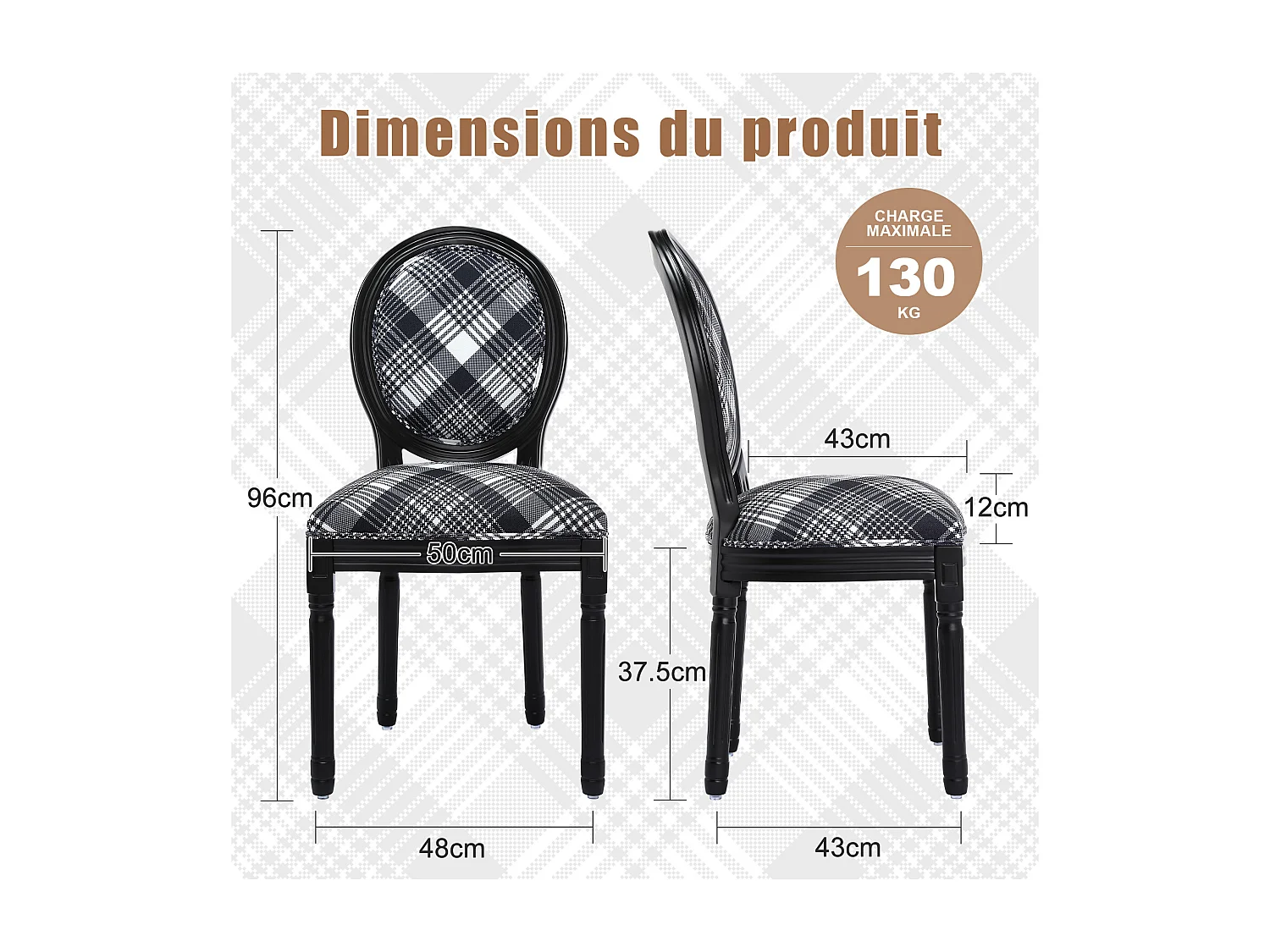 Lot de 2 chaises de salle à manger - Style Louis XVI à médaillon, en bois massif sculpté et patiné - Motif vichy noir et blanc - Élégance rétro