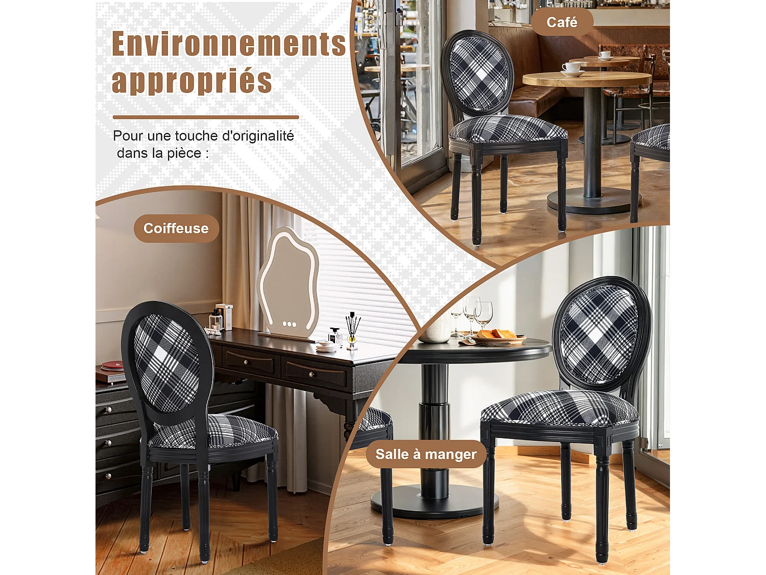 Lot de 2 chaises de salle à manger - Style Louis XVI à médaillon, en bois massif sculpté et patiné - Motif vichy noir et blanc - Élégance rétro