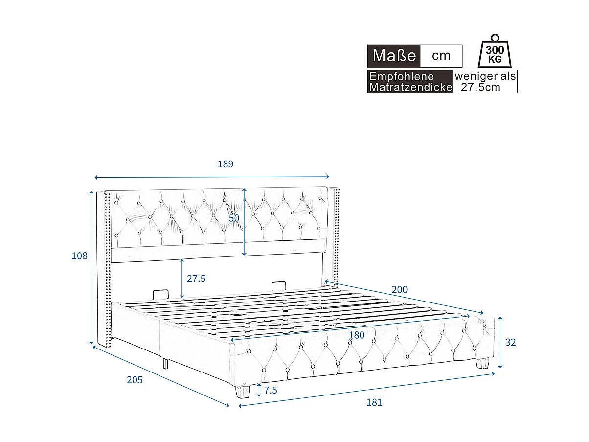 Gestoffeerd bed 180 x 200 cm, met lattenbodem, knoopsluiting, klinknagelsluiting, houten poten, linnen, beige