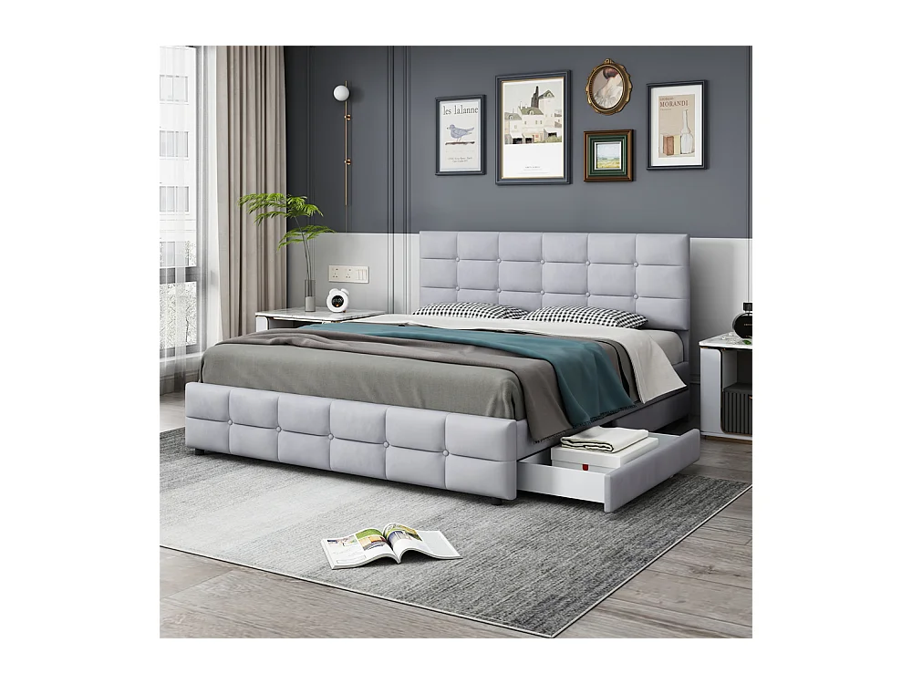 Lit adulte lit 180x200 cm lit rembourré lit 4 tiroirs lit sommier à lattes lit double velours gris