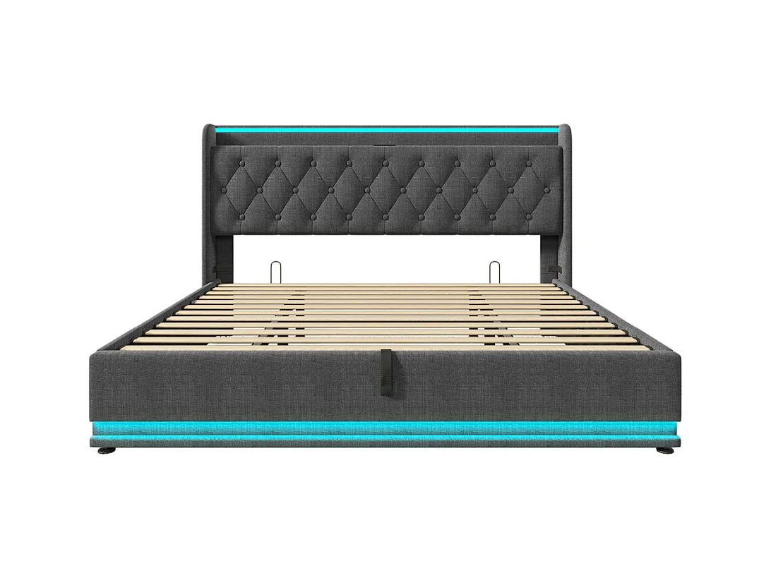 Hydraulisch gestoffeerd bed 180x200cm met hoofdsteun en USB type-C oplaadfunctie tweepersoonsbed grijs linnen