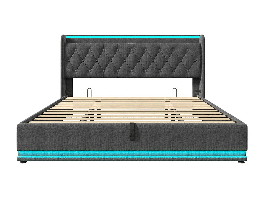 Hydraulisch gestoffeerd bed 180x200cm met hoofdsteun en USB type-C oplaadfunctie tweepersoonsbed grijs linnen