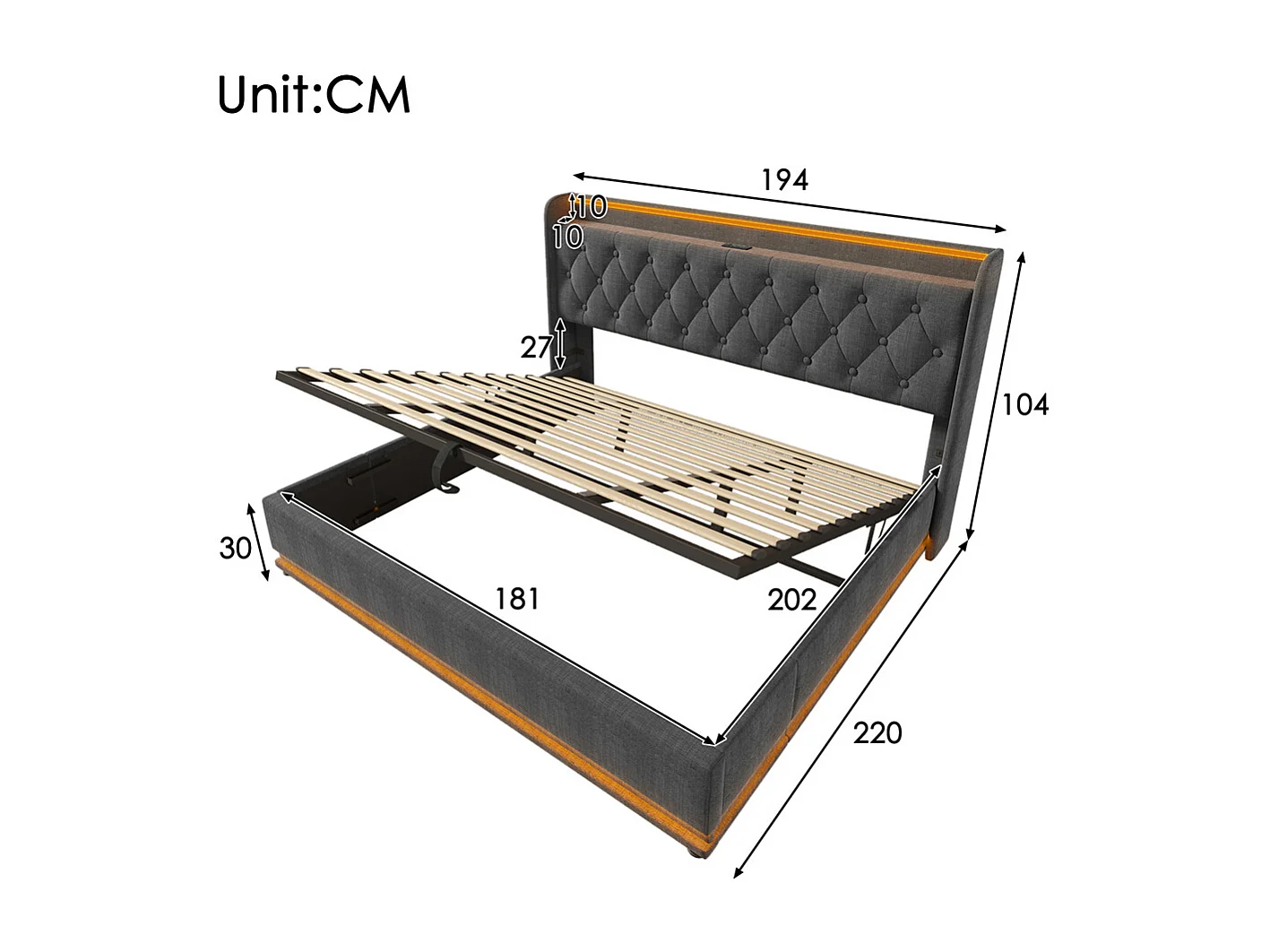 Hydraulisch gestoffeerd bed 180x200cm met hoofdsteun en USB type-C oplaadfunctie tweepersoonsbed grijs linnen