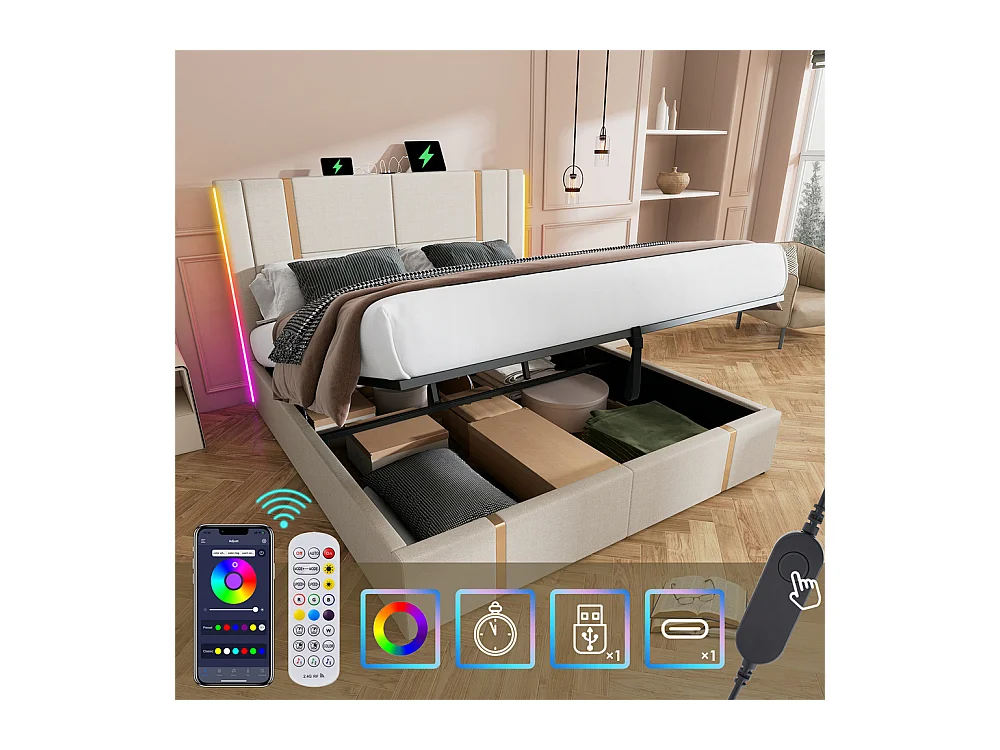 Lit adulte lit 140x200 cm lit rembourré lit de rangement lit sommier à lattes en bois lit double lin beige